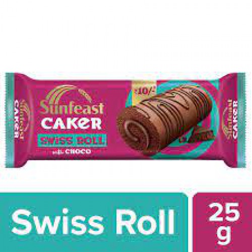 Sunfeast Caker - Swiss Roll With Choco, Soft Choco Sponge Rolled With Choco-crème & Drizzled With Choco On Top, 25 g