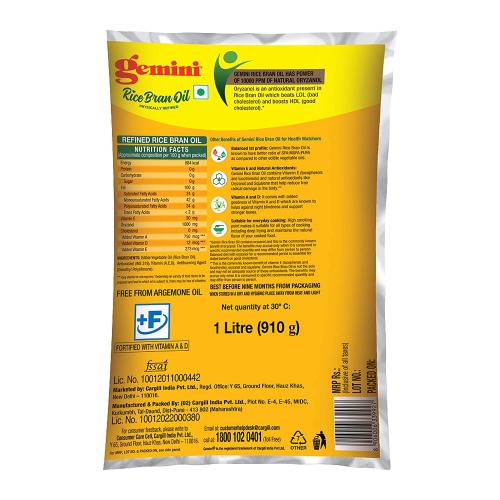 Gemini Refined Rice Bran Oil Pouch, 1L