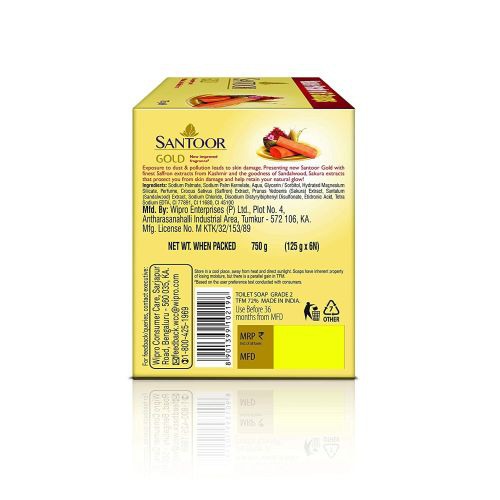 Santoor Gold Soap with Saffron, Sandal & Sakura Extracts, 125g (Pack of 6)